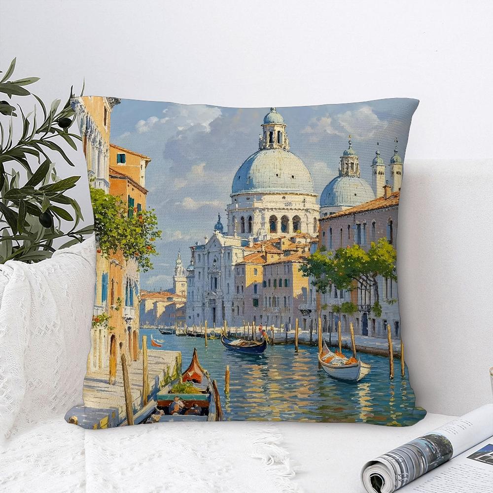 Oil Painting Venice Town Pillow Case Plush Fabric Soft Pillowcase Double Sided Print Cushion Cover Throw Pillow Cover