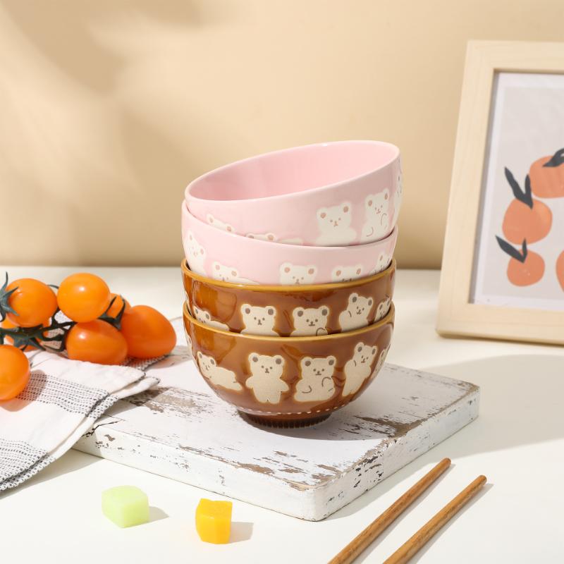 1pc Cartoon Bear Embossed Small Bowl 11.3x6.3cm/4.4x2.4inches High Temperature Resistant Household Tableware Ceramic Bowl