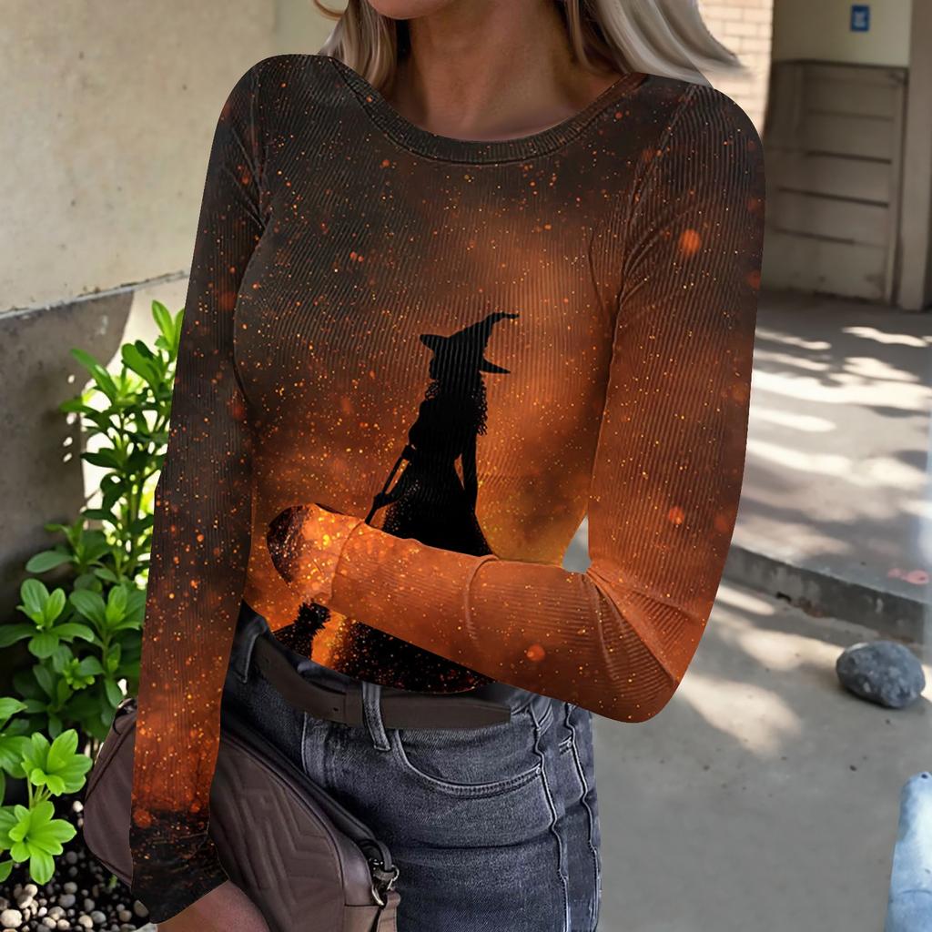 Women's Casual Fashion Long Sleeve Ribbed Top Halloween Print Round Neck Slim Fit Stretchy Knit Shirt