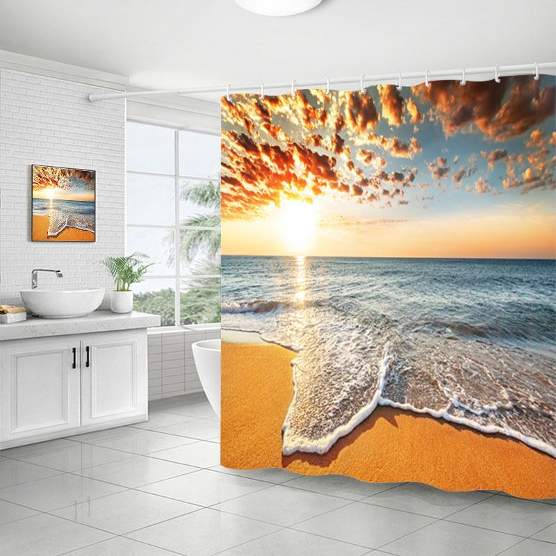 Shower Curtain Bathroom Fabric Non-Punching Beach Natural Scenery Digital Printing Shower Curtain With 12 Hooks