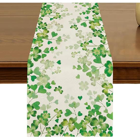 St. Patrick's Day Green Shamrocks Floral Table Runner 13x72 Inch Spring Holiday Four Leaf Clover Kitchen Dining Table Decor for Indoor Outdoor
