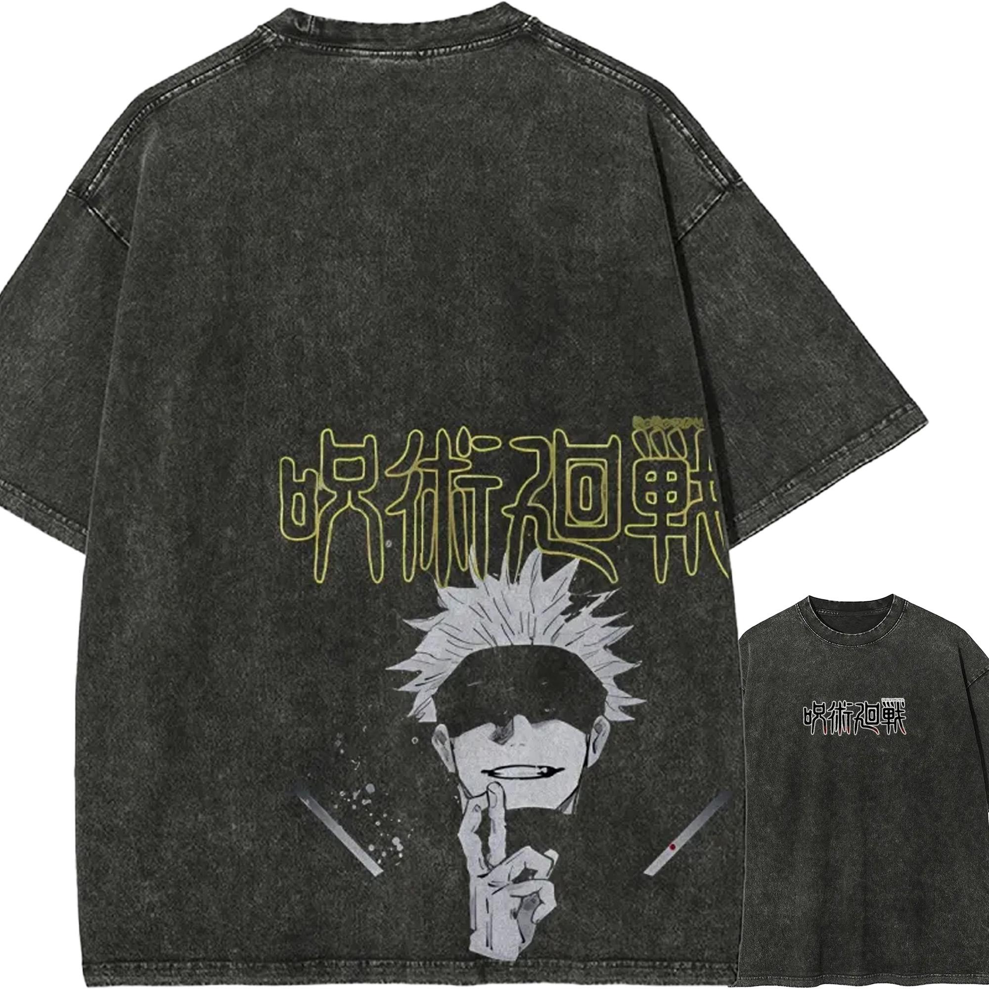 

Gojo Satoru Tshirt Jujutsu Kaisen Neon Kanji Tee Vintage Washed Oversized Anime Harajuku Men Streetwear Graphic Manga Clothes M