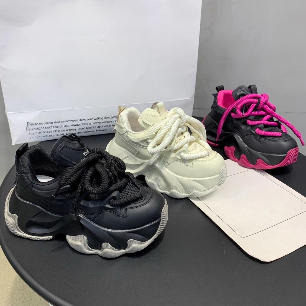 Authentic Leather Clunky Sneakers Platform Height Increasing Small Women's Shoes Spring New All-Matching Casual Sports Shoes