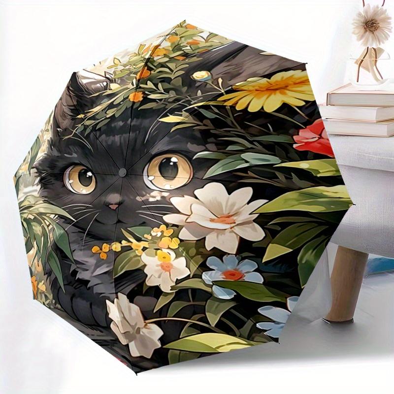 1pc Black Cat Flower Fully Automatic Folding Portable Fashion Umbrella, 8 Iron Frames, Three-Fold Design, Suitable for All Seasons, Suitable for Outdo