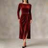 Women's Fashion Velvet Dress - Long Sleeve, Tie Waist, Side Slit, Slim Fit