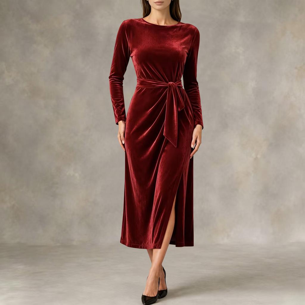 Women's Fashion Velvet Dress - Long Sleeve, Tie Waist, Side Slit, Slim Fit