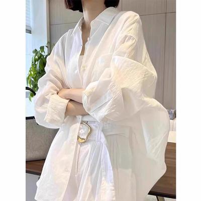 Women's French Style White Cotton Linen Long-Sleeve Summer Cardigan Shirt