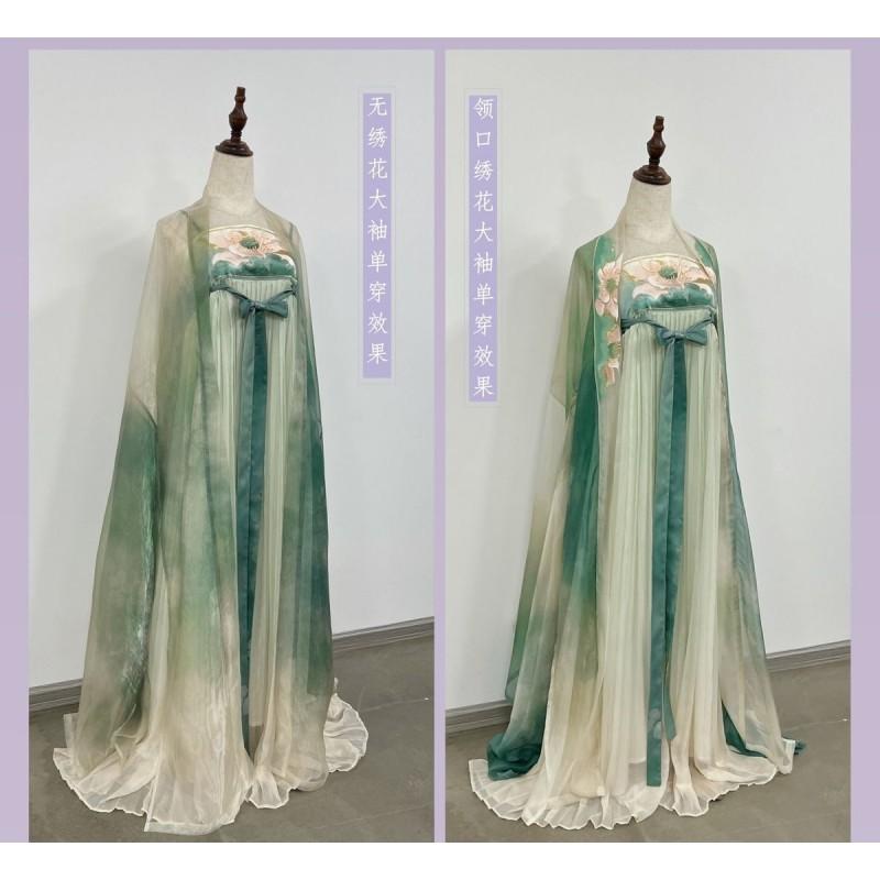 Womens Tang Dynasty Style Hanfu Set Embroidered Wide Sleeve Top Printed Skirt Chiffon Four Outfit