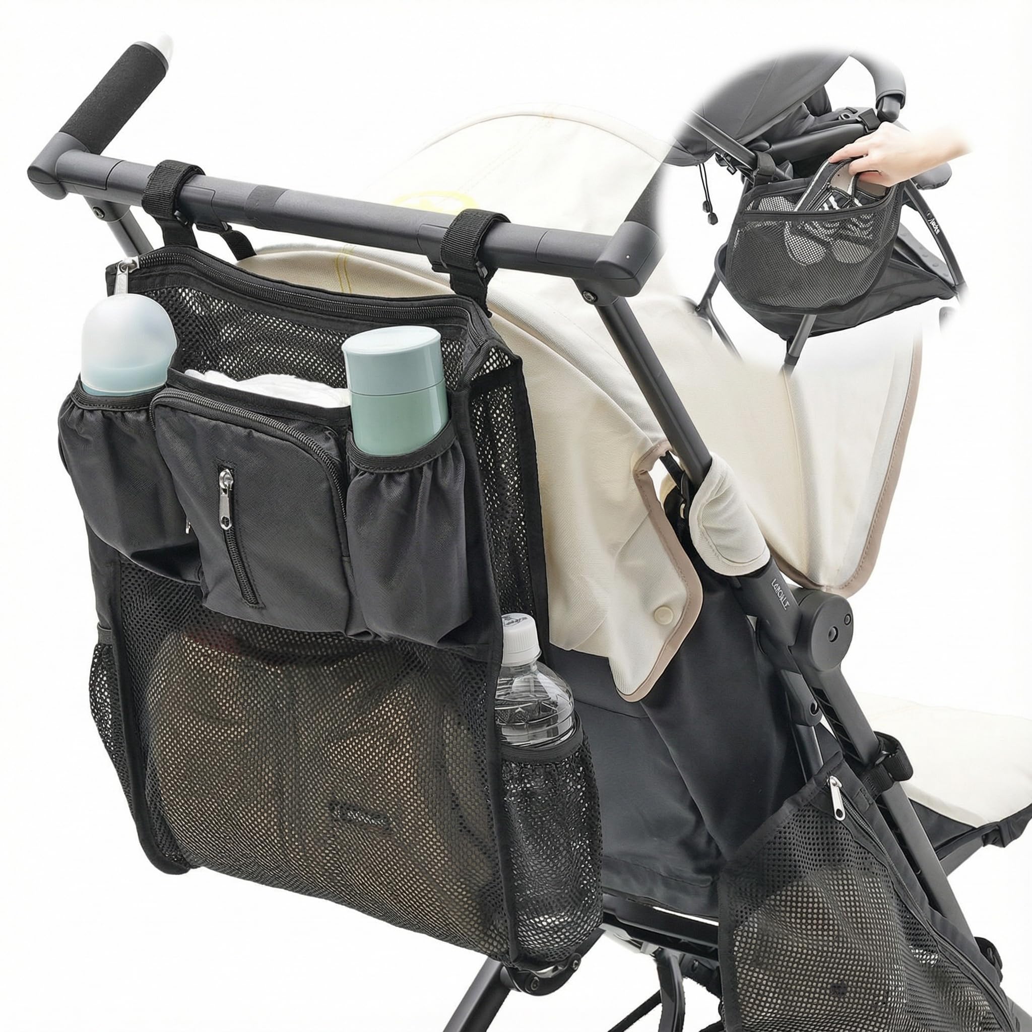 

[plunmoln] Stroller Bag, Lightweight, Large Capacity, with Sub-Bag, Insulated, Drink Holder, 600D Waterproof, Mesh Storage, Foldable