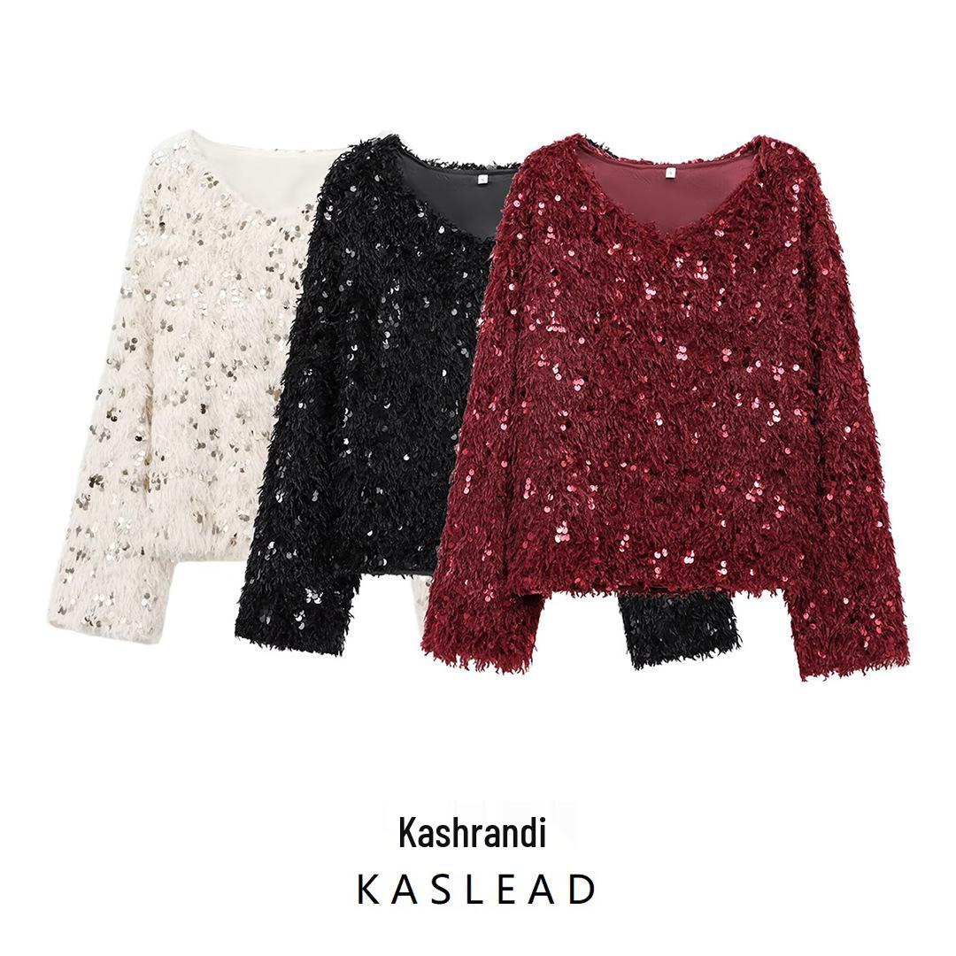 

2024 Women s Winter Feather Sequin Long Sleeve Sweater - European & American Style S