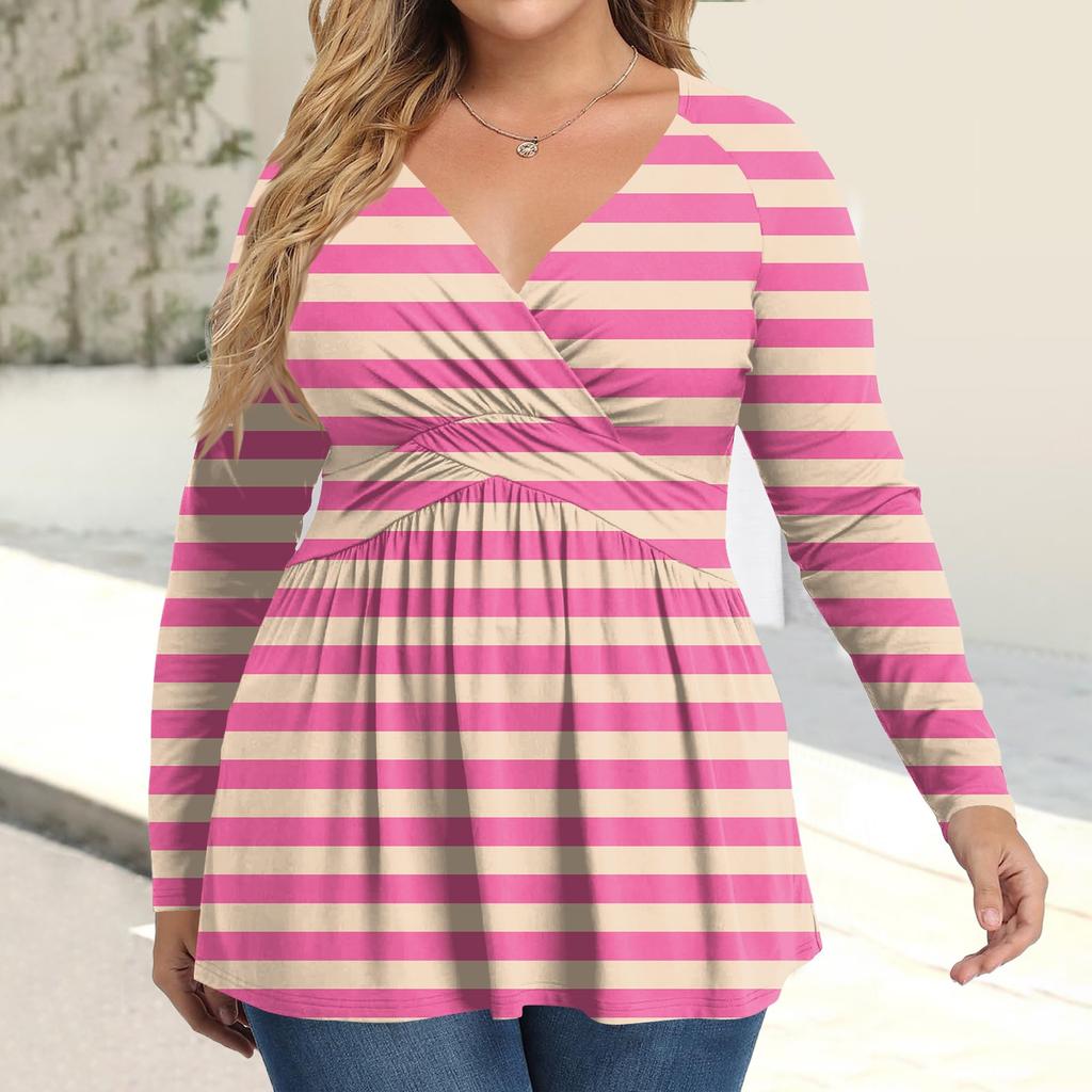 Women's Plus Size Shirt Long Sleeve  Print Top Pleated Casual V-Neck Top