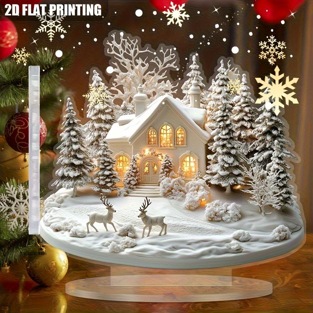 2D Flat, Snow House and Reindeer Scene Acrylic Desktop Decoration, Suitable for Wall Decoration, Porch, Room, Villa, Accents Home, Hallway, or Workpla