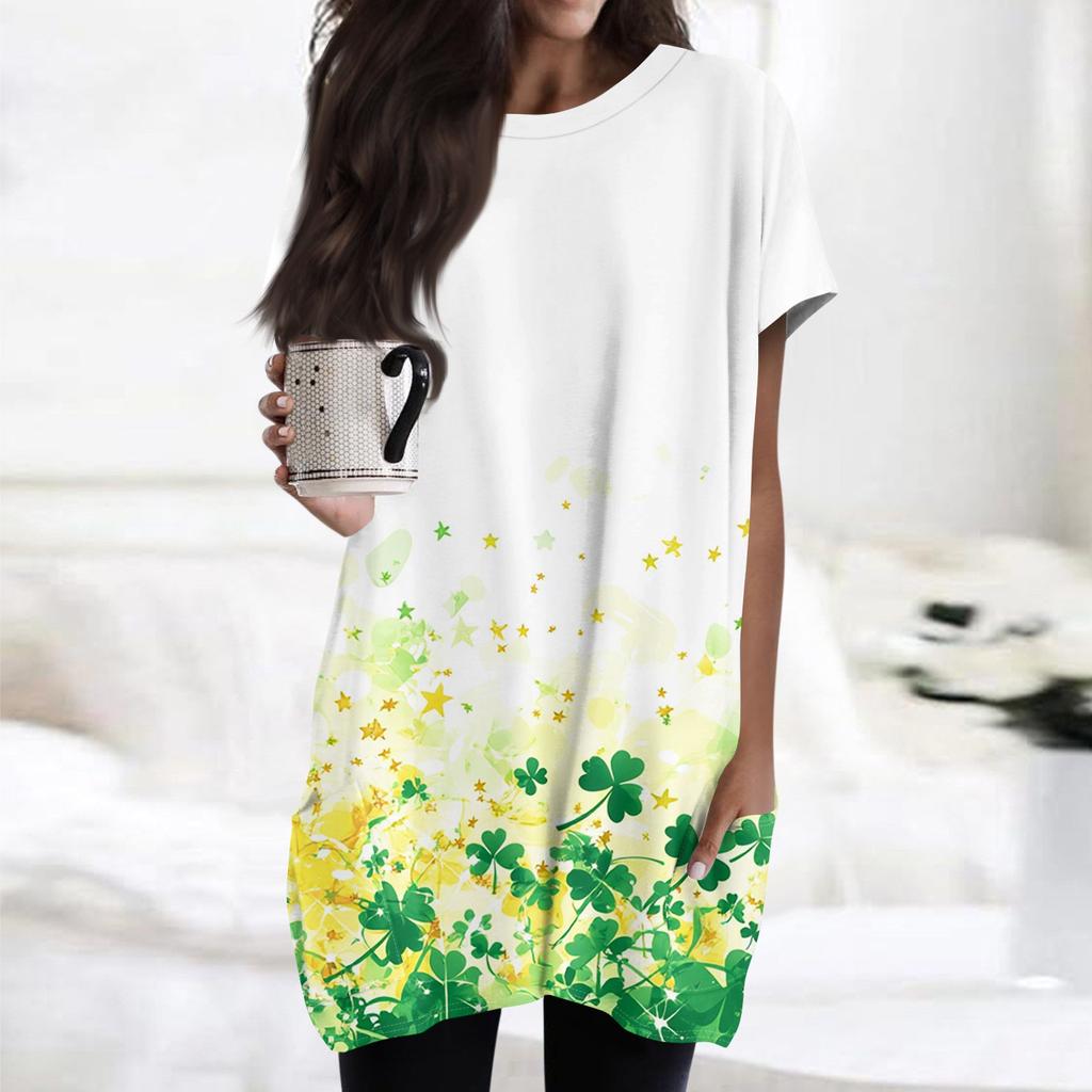 Modă Femei Casual Mânecă Scurtă Imprimeu Gât Rotund Top Tricou cu Buzunar Dublu