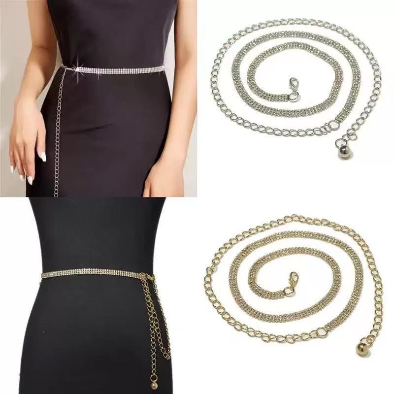 Rhinestone Decor Chain Belt Waist Chain Women Fashion Belt Hip High Waist Gold Silver Metal Chain Pendant Belt Body Jewelry