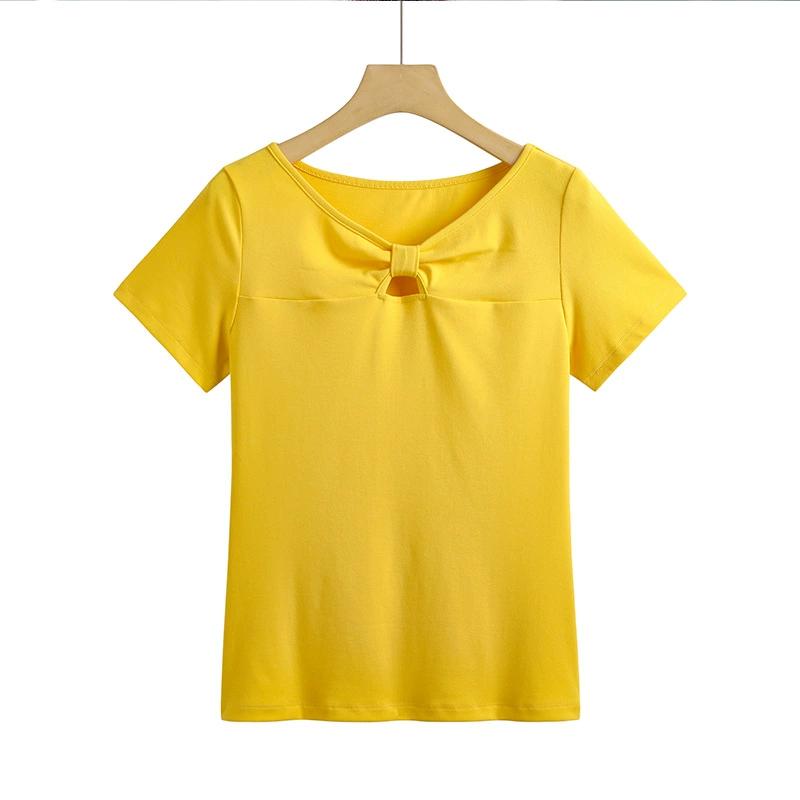 Hollow Chest Bowknot Sweet Korean Version of Slim Cotton Short-sleeved Women's T-shirt Fashion One-shoulder Half-sleeved Top