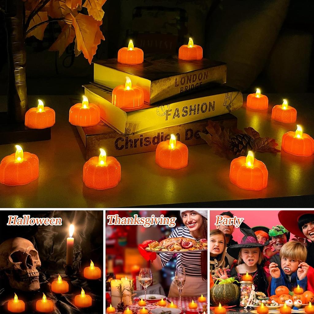 Fall Decorations for Home Halloween Pumpkin Tea Lights, 12 Pack LED Orange Pumpkin Lights Flame Less Candles Battery Operated Flickering Tealights