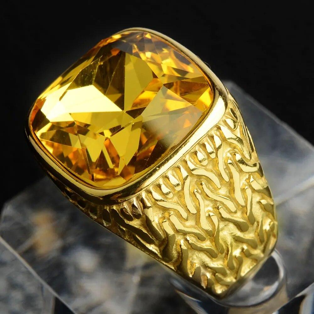 Hombre Mujer Retro Acero inoxidable Joyería Vintage Corte princesa Diamante de imitación amarillo Propuesta antigua Anillos de regalo Alianza de boda nupcial