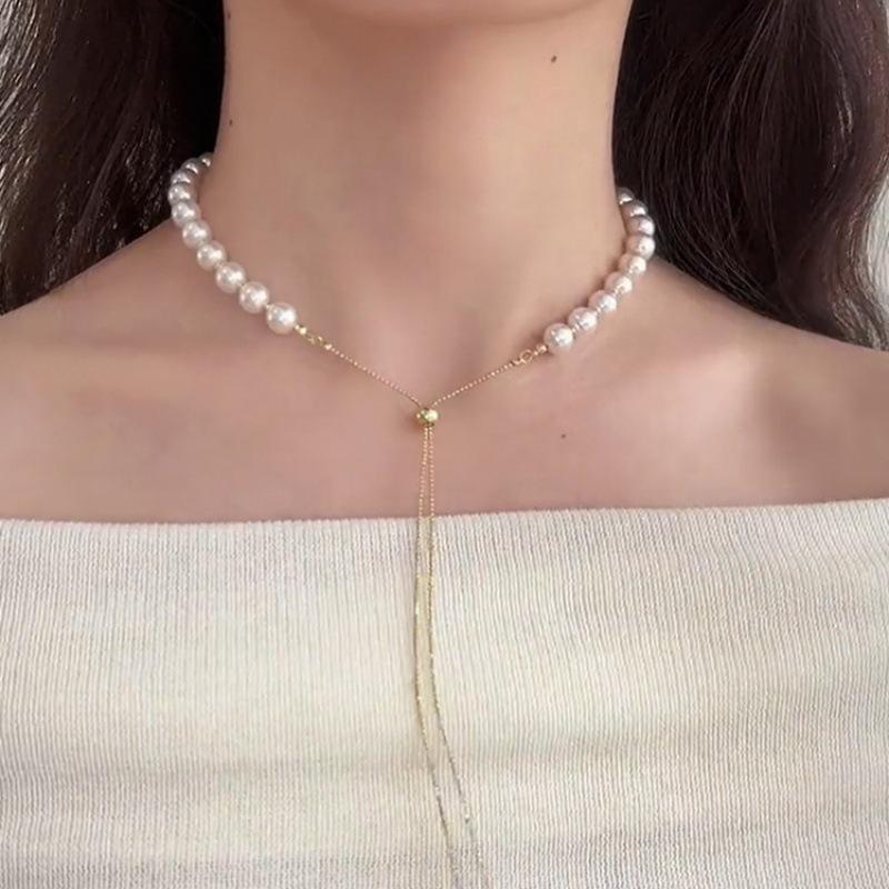Elegant Korean Pearl Pendant Necklace with Adjustable Drawstring and Tassel for Women
