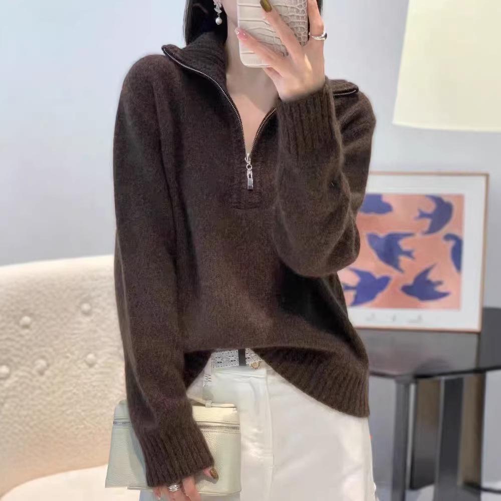 Women's Retro Half-Zip Pure Wool Lapel Sweater - Loose Knit Lazy Style, Autumn/Winter Collection