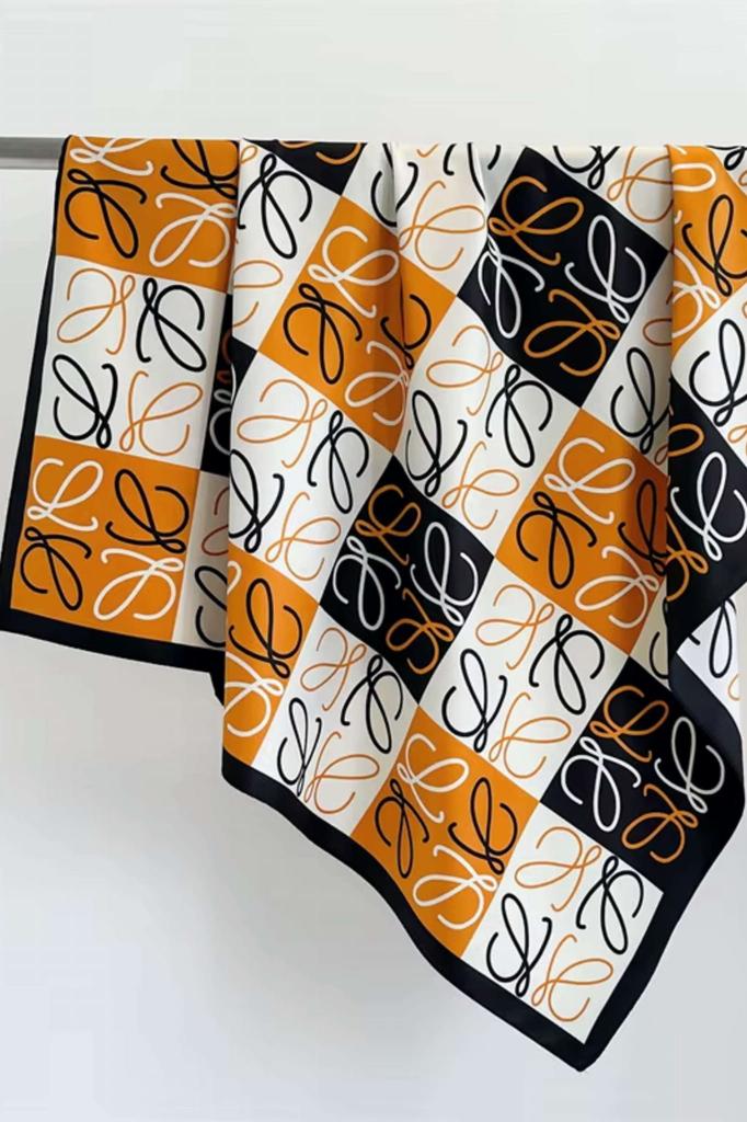 Women' Scarf 90X90 with Letter Pattern - Amber and Black Check with Monogram