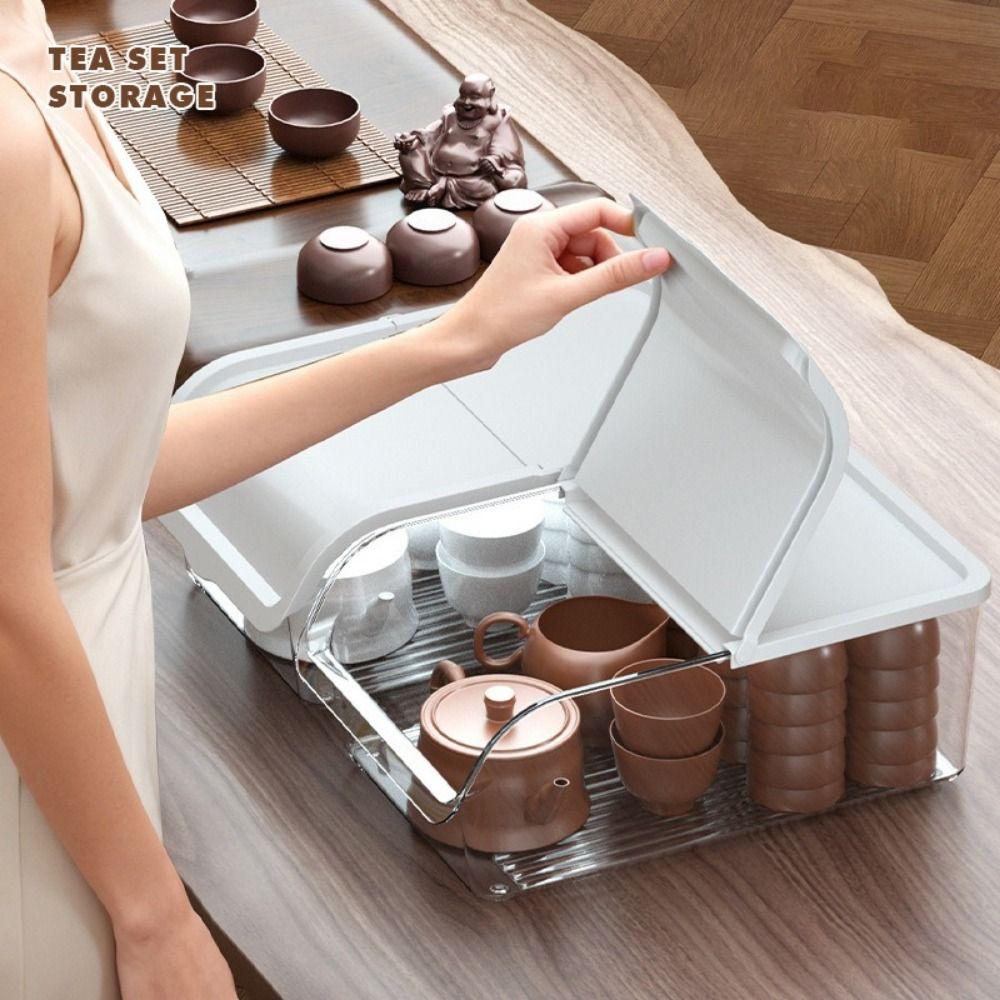 Aufbewahrungsbox für Tee-Set aus Kunststoff Staubdicht Großes Fassungsvermögen Tassenaufbewahrungsbox mit Deckel Stapelbarer Lebensmittelbehälter Teeutensilien