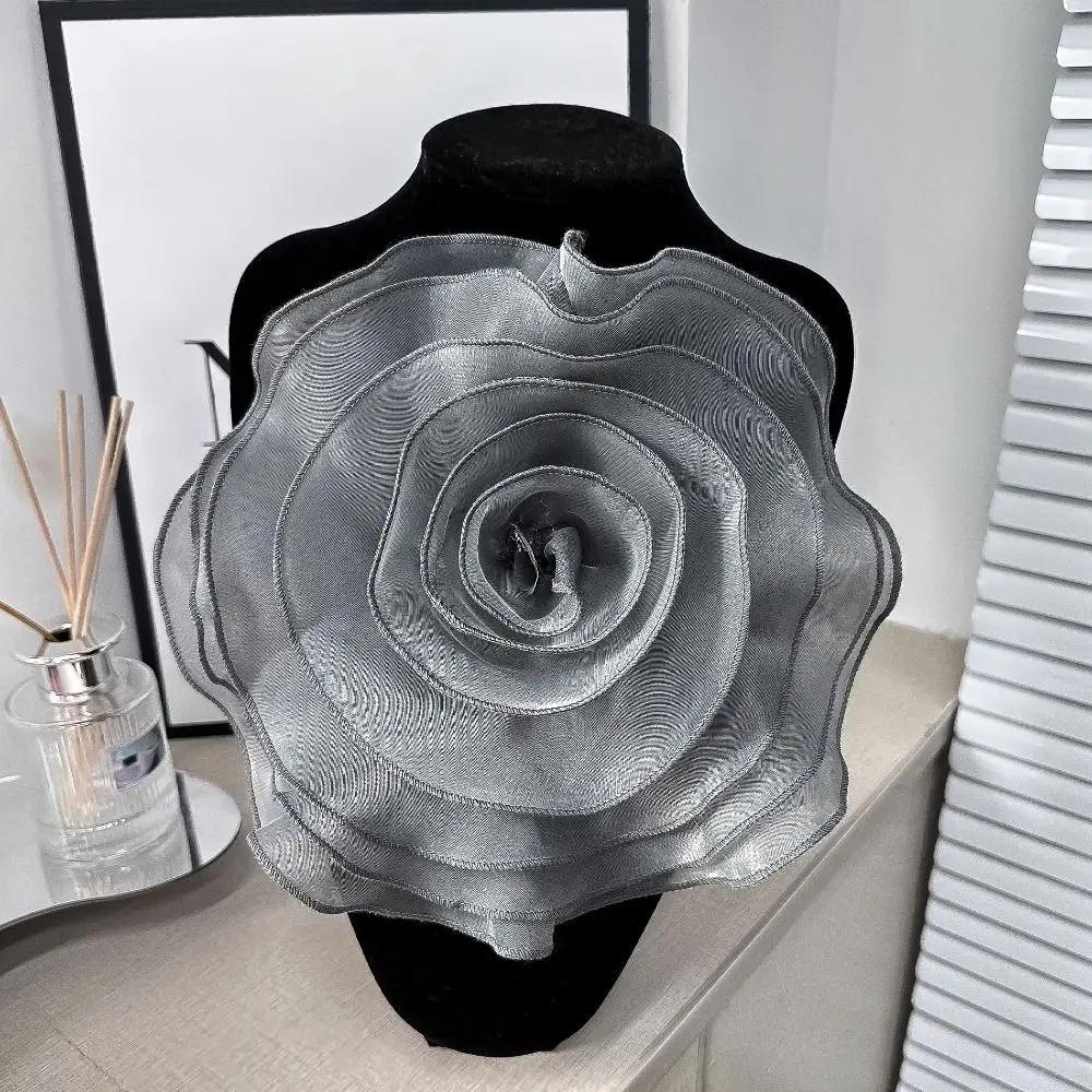 

3D Flower Patch Organza Fabric Artificial Flower Corsage Sewing Applique 27CM Wedding Dress Neck Decoration Brooch Accessories серый