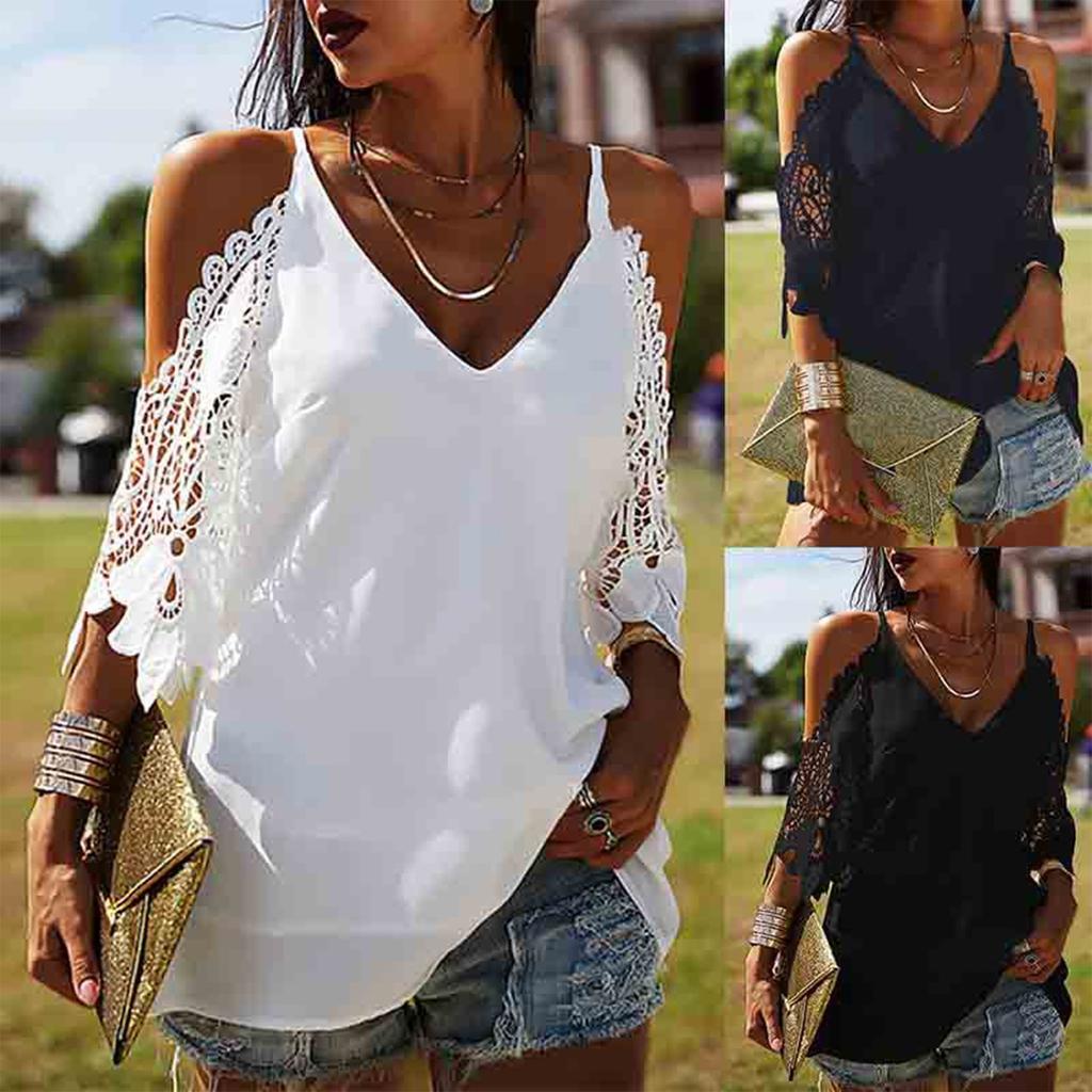 Women's Fashion Loose Lace Hollow Sleeve Sling T-shirt Top Blouse