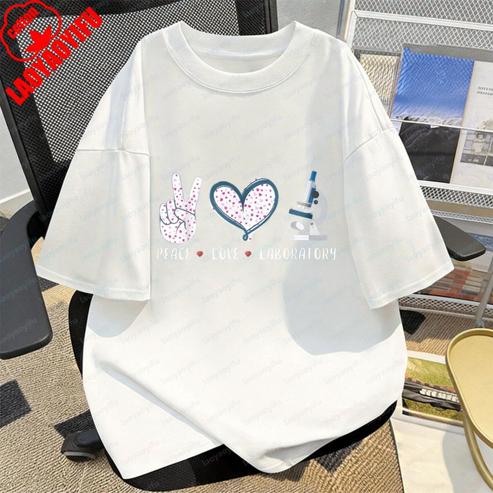 Lab Worker TShirt Peace Love Lab Science Print Wave Point Tee Medical Enthusiast Summer Casual Kawaii Clothes Women Cotton Tops