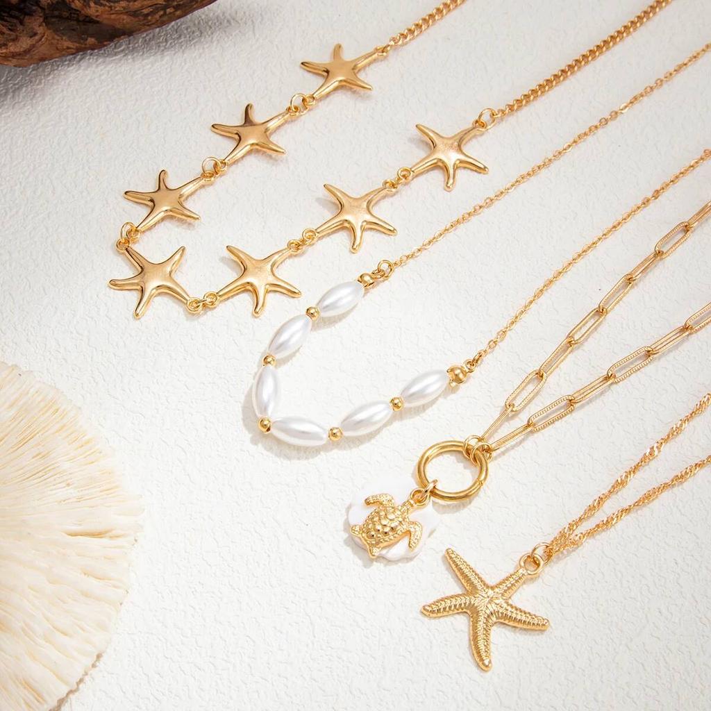 SHIXIN Bohemian Starfish Sea Turtle Pendant Necklace for Women Handmade Imitation Pearl Multilayer Choker Summer Beach Jewelry