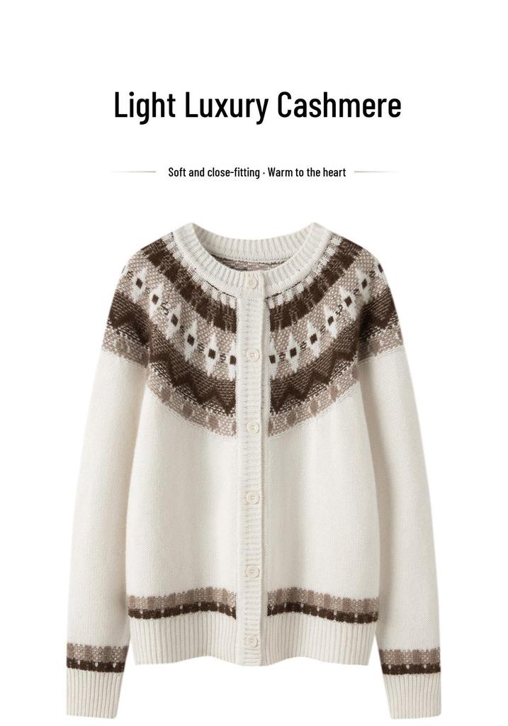 Fair Isle Jacquard Cashmere Cardigan: Women's Semi-High Neck Layer, Autumn/Winter 2026 Style, Gentle and Thick.