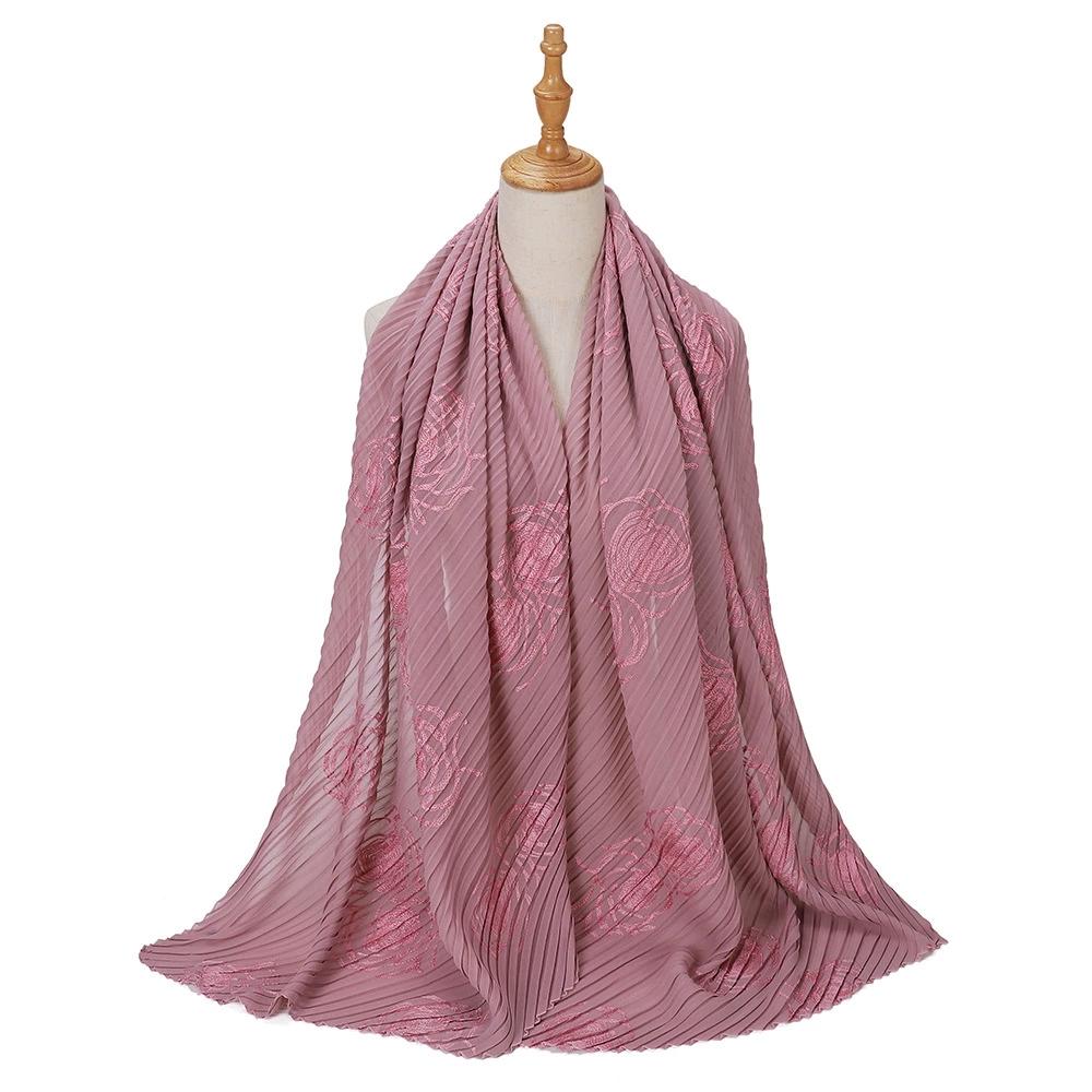 Women Pearl Chiffon Pleated Chiffon Hijab Scarf Islamic Clothing Headscarves Flower Shawls Headwraps For Ladies 70*165Cm