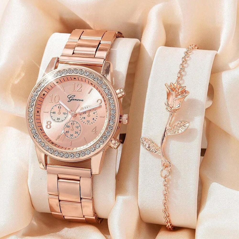 

5 PCS Set Gold Watch Women Luxury Ring Necklace Earrings Rhinestone Fashion Wristwatch Female Casual Watches Bracelet Set
