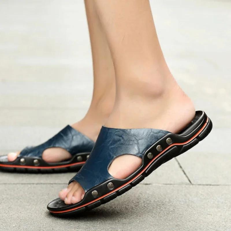Genuine Leather Slippers Men Big Size Breathable Men Beach Sandals High Quality Outdoor Flip Flops Soft Men Slippers New