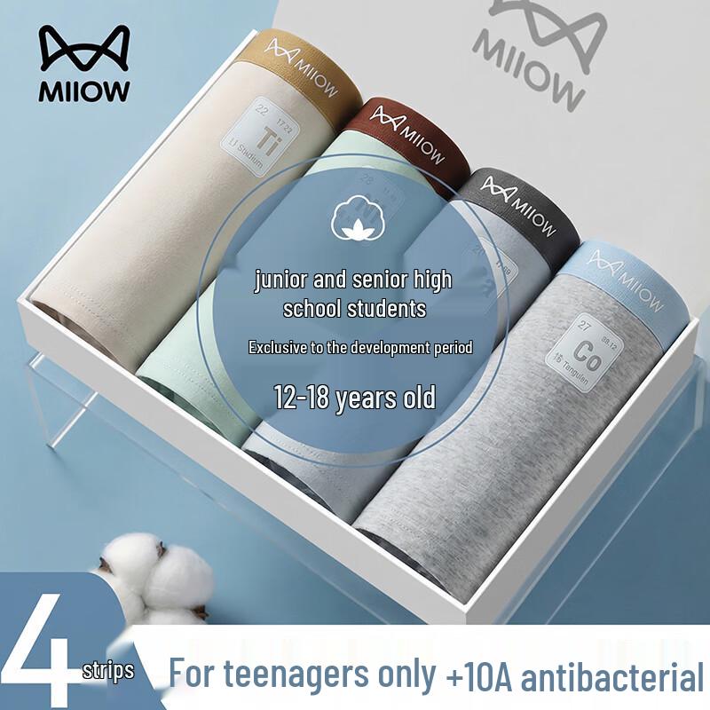 MiiOW Teen Boys 10A Antibacterial Pure Cotton Boxer Briefs 4-Pack 3XL