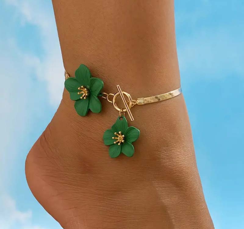 

Fashion White Flower Pendant Anklet for Women Elegant Snake Bone Chain OT Chain Foot Chain Summer Party Zircon Gifts зелений