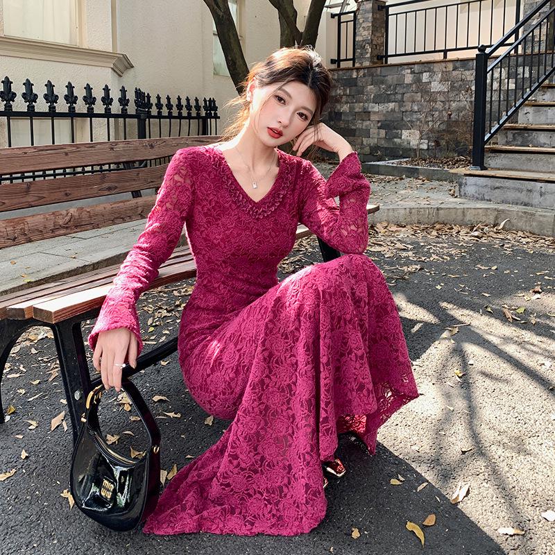 

French High-Quality Embroidered Lace Patchwork Fishtail Dress - Autumn/Winter Collection M рожевий червоний колір