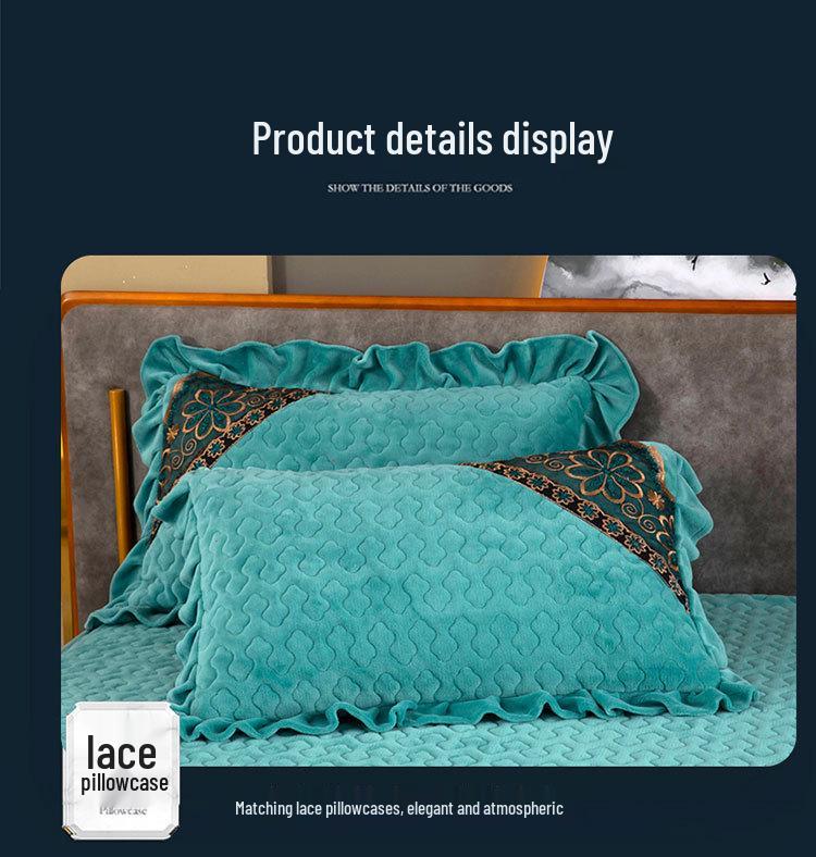220g Quilted Bed Skirt Set: Warm Milk Velvet with Lace Embroidery (Four Pieces)