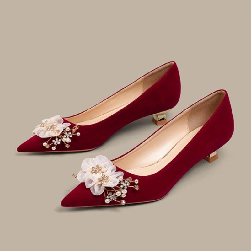 Women Pointed Shallow Mouth High Heels Shoes Suede Stiletto Heel Shoes Comfort Solid Pearl Wedding Single Pumps Zapatos De Mujer