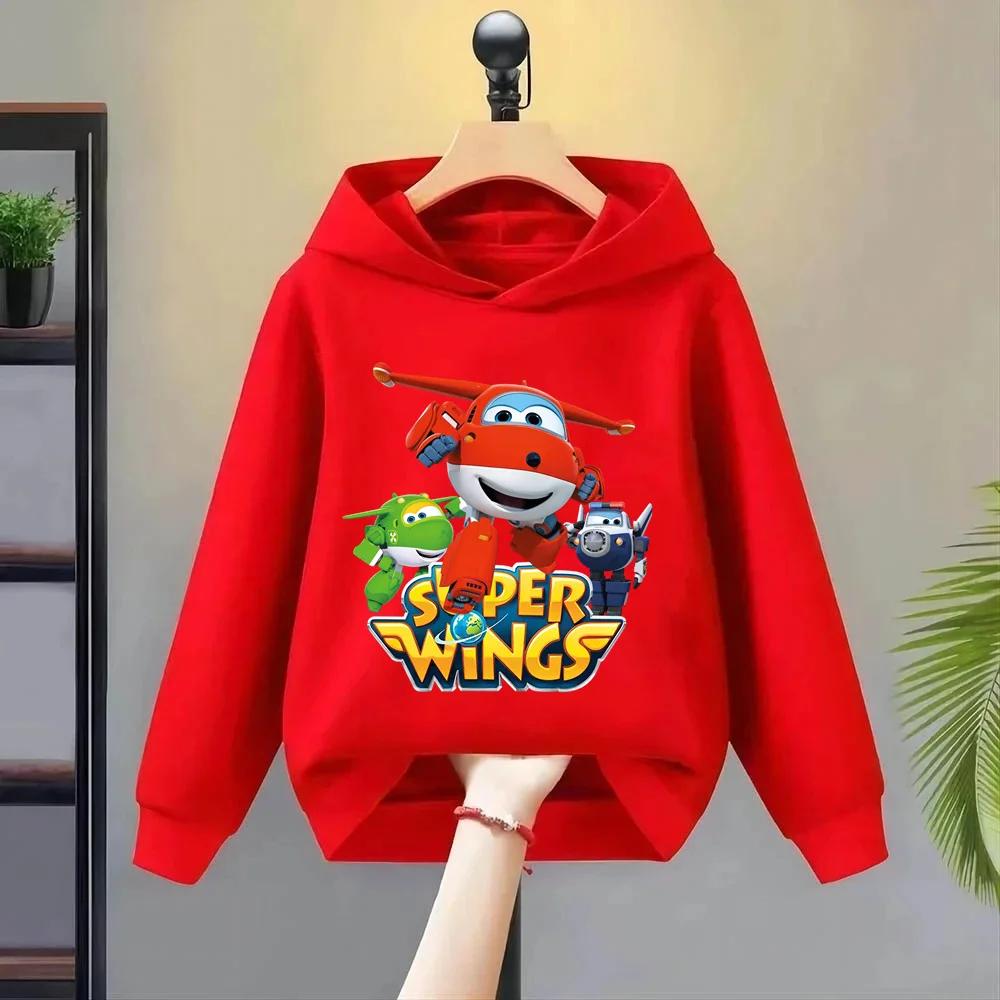 Nový trend Kreslený potisk Super Wings Dětská mikina s kapucí Podzimní a zimní Venkovní volnočasová Teplá Chlapecká Dívčí Pulovr Topy