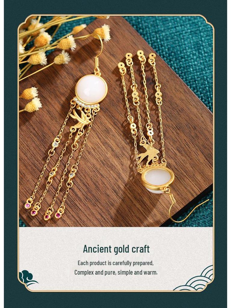 Aieryuan 2022 Retro Tassel Magpie Earrings - Imitation Jade, Ancient Gold Design, Perfect Qixi Gift