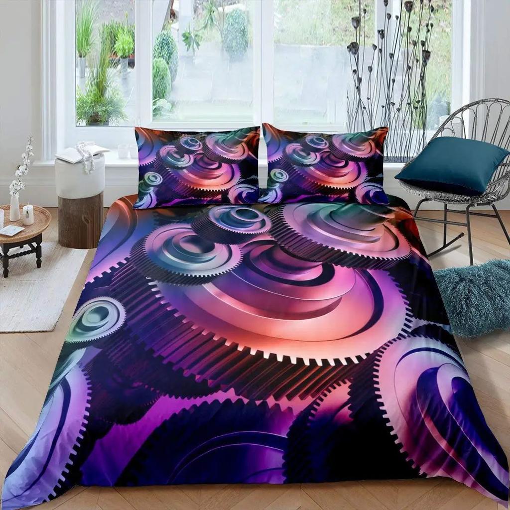 Gear Printing Duvet Cover Three-Piece Retro Mechanical Device Bedding Quilt Cover