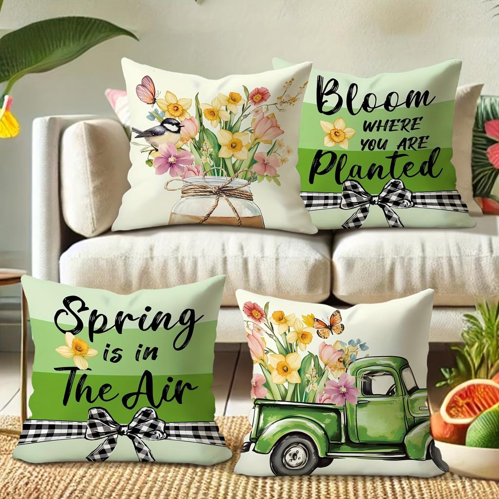 Charming Spring-inspired Pillow Cover: Floral Arrangements, Vintage Truck, and Uplifting Quotes, sofa Chair cushion cover