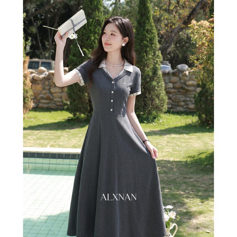 Women s Summer Grey Lapel Faux Two-Piece A-Line Dress S серый