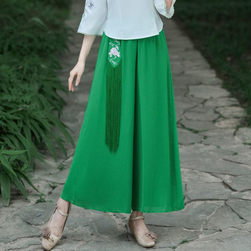 

Китайский дзен чайный набор: Вышитый топ Тан в стиле Ханфу с застежкой-лягушкой и брюки широкого кроя, комплект из двух предметов M