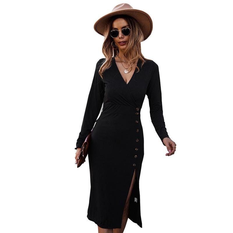 Vestido largo de punto liso para mujer, vestido informal con cuello en V, cintura alta, manga larga, tubo con botones, abertura sexi, S-XL negro, primavera y otoño