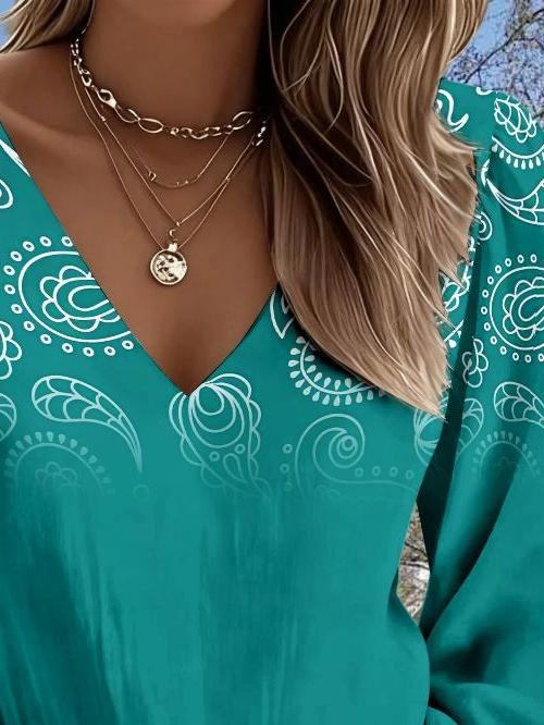 Fashionable Retro Motif Printed Lantern Sleeve, V-neck Women's Long-sleeved Shirt, Suitable for All Seasons