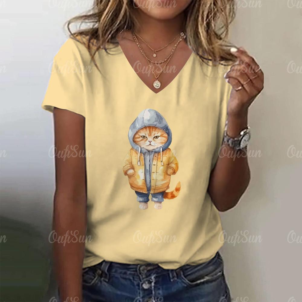 3D Cartoon Cat Print Cute Animal Women's T-shirts Casual Streetwear Short Sleeves Tees Pullover Summer New Women Clothing Tops