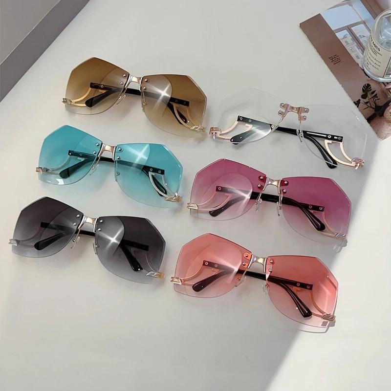 Rimless Irregular Sunglasses  New Chic Gradient Ocean Lenses Shades Trendy Stylish Design Hollowed Legs Sun Glasses