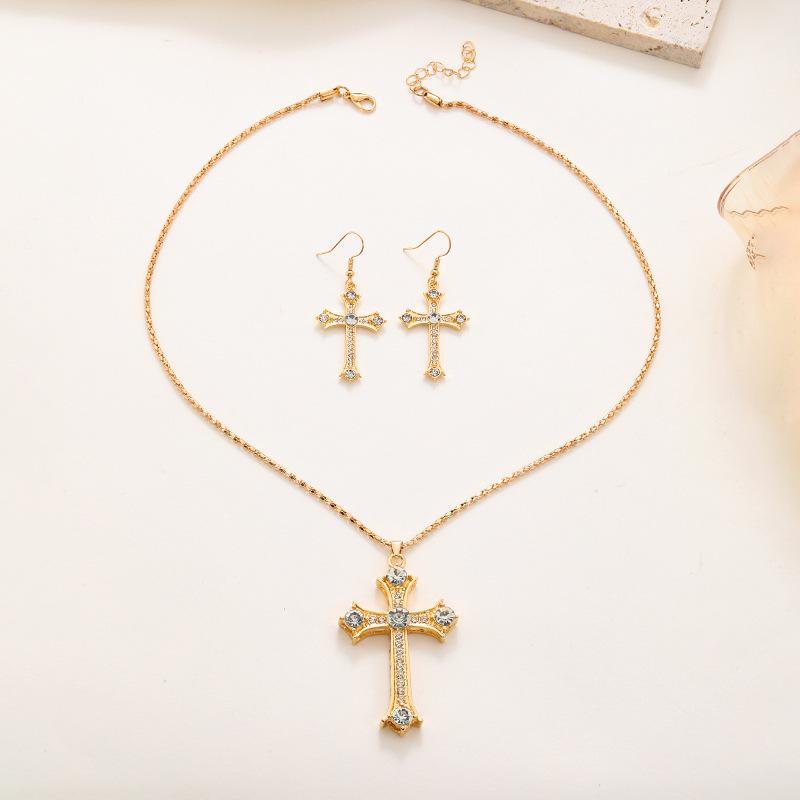 European-American Punk Diamond Cross Necklace & Luxury Earrings Set for Women