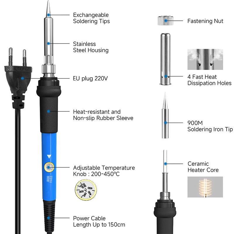 1-9Pcs Master Repair Soldering Station, 60W Adjustable Temperature 220V, Electric Heat Pencil with Interchangeable Tips